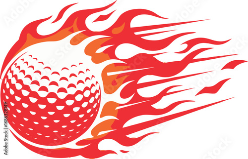 Dynamic vector graphic asset depicting a powerful golf ball speeding with a fiery trail, symbolizing intense performance, energetic competition, and spirited athleticism