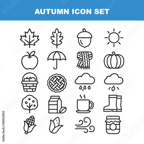 Autumn Season Icon Set Featuring Leaves, Food, Weather, and Accessories