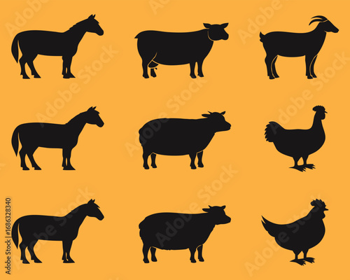 Black Silhouettes of Farm Animals Including Horse, Sheep, Goat, and Chicken