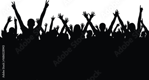 Crowd of cheering people raising hands in celebration, silhouette illustration of happy audience at concert, festival, or public event.