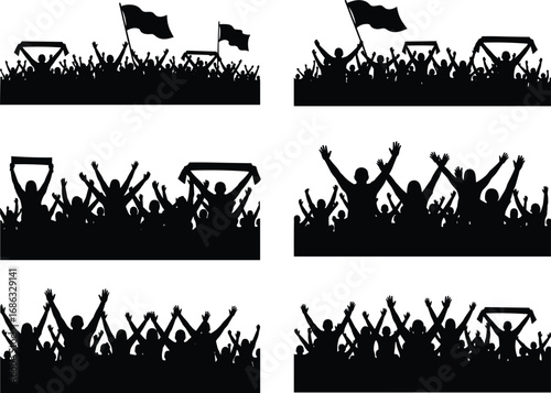 Set of cheering crowd silhouettes with flags and banners, celebrating audience at concert, festival, sports event, or public gathering.