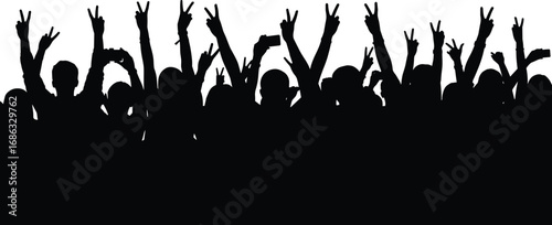 Silhouette crowd raising hands showing peace signs and phones, cheering audience at concert, festival, party, or public celebration event.