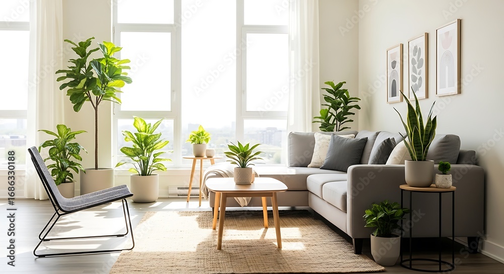 Fototapeta premium Sunlit Modern Living Room with Abundant Greenery and Minimalist Decor