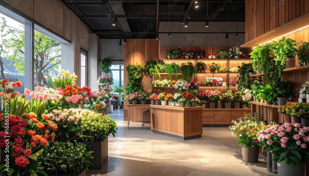 Fototapeta premium A bright and spacious floral shop displays a vast array of colorful flowers and plants, arranged attractively on wooden shelves and displays.