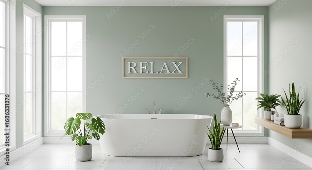 Fototapeta premium Tranquil Bathroom with Greenery and Relaxing Vibe