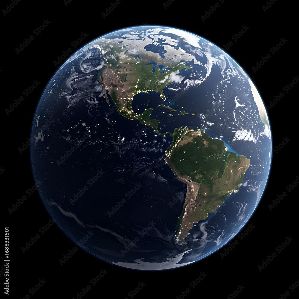 Fototapeta premium Earth's Western Hemisphere with detailed continents, displayed from space, with light reflecting on the surface. High-resolution satellite view for educational/scientific use.