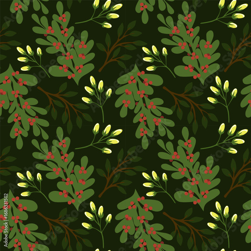 Seamless pattern of twigs with red berries and branches. Vector illustration