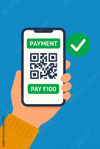 Flat vector illustration of a hand holding smartphone with QR code and digital payment confirmation, concept for mobile banking, online transaction, and contactless payment Ai Genreted 