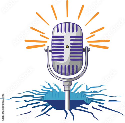 Vintage microphone positioned in a hole, surrounded by cracks, suggesting a void or a lost opportunity.