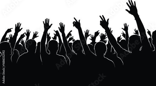 Silhouette of cheering crowd with raised hands in celebration, excited audience at concert, festival, music event, or public gathering.