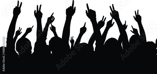 Silhouette of cheering crowd with raised hands in celebration, excited audience at concert, festival, music event, or public gathering.