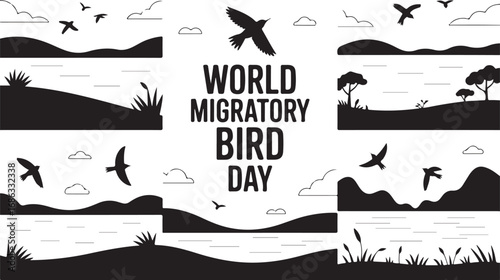 World Migratory Bird Day Vector Illustration Set with Nature Elements and Birds Silhouettes