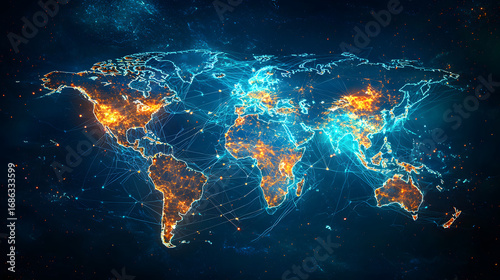 AI-driven global trade Futuristic world map with glowing connections. Technology reshaping economy Digital globalization trends