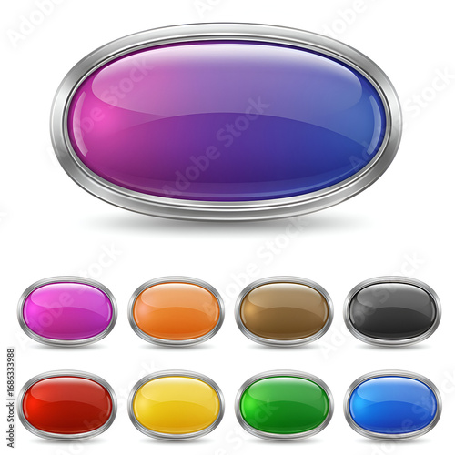 Oval button collection with various colors and metallic trim. Set of glossy, colored buttons with a metallic frame in a web design setting.