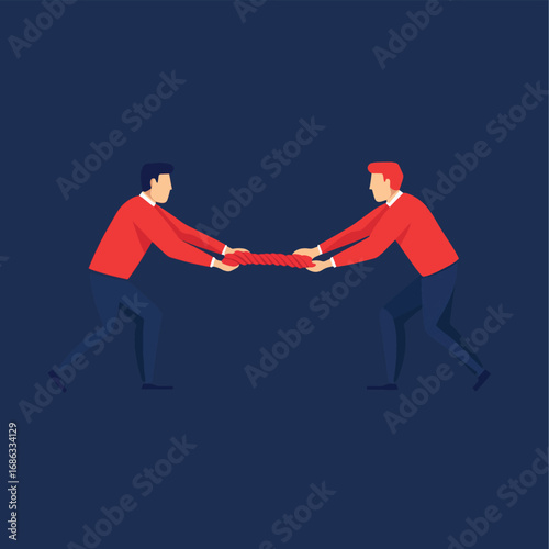 Tug of war business competing. Market share battle fighting. Han , vector style simple color