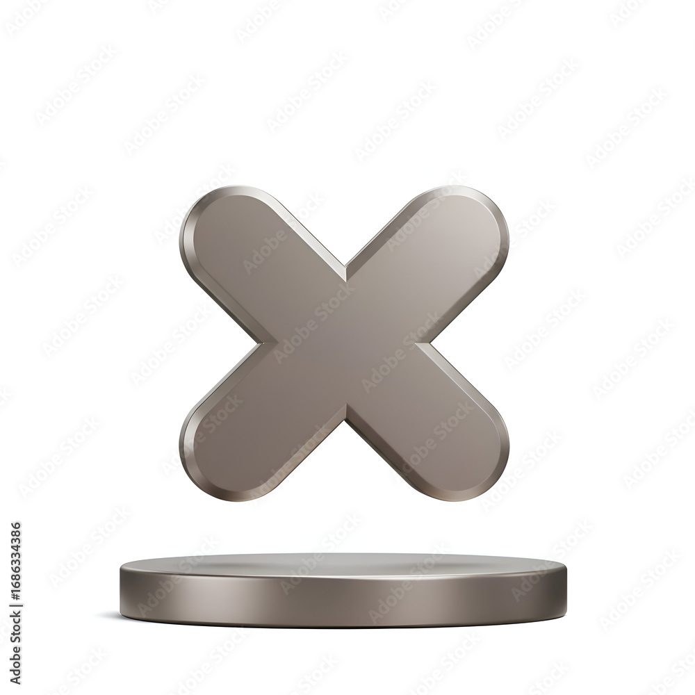 Obraz premium Gray metallic x symbol on a circular platform against a white background. Abstract design element for user interface, web design, or graphic design.