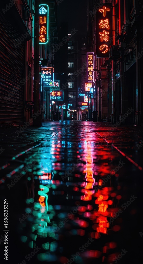 Obraz premium A vibrant alleyway at night, illuminated by neon signs reflecting in puddles, showcasing a captivating urban ambiance.