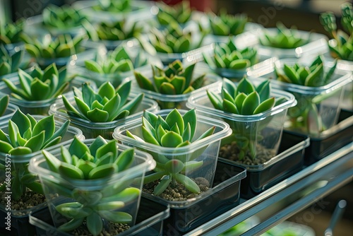 Succulent Plant in Small Plastic Pots in Flower Shop Plant Store Concept