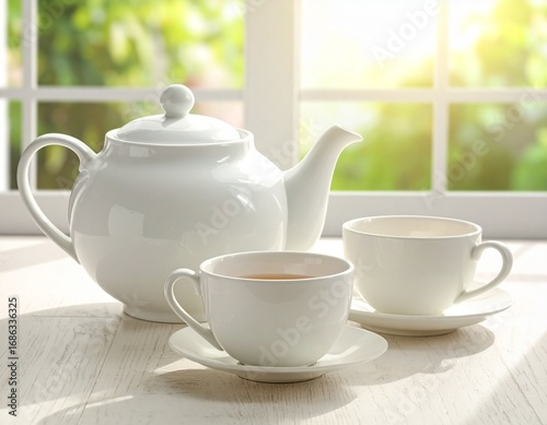 White porcelain teapot and two teacups with saucers on a wooden table by a sunlit window, creating a peaceful morning scene.