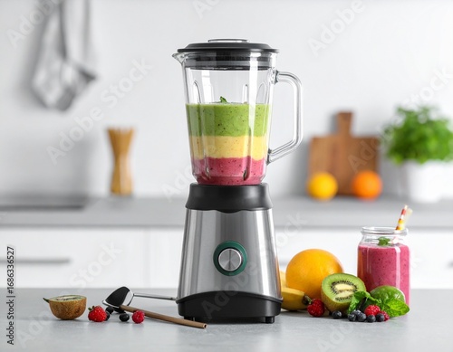 A modern blender filled with colorful layered smoothies on a kitchen counter, surrounded by fresh fruits and a glass of smoothie.