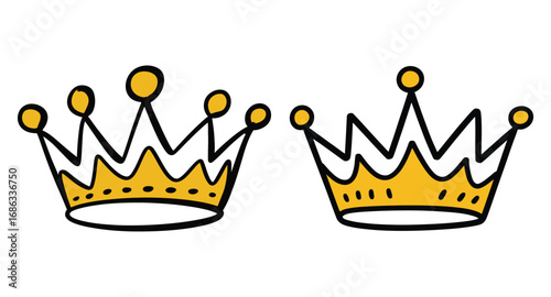 Two hand drawn golden crowns with pointed tops and decorative elements on a white background