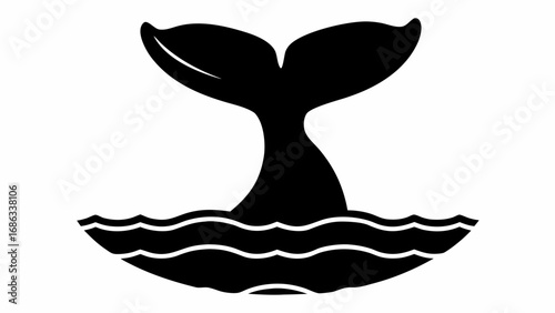 Silhouette of a whale tail emerging from wavy water in black and white simple design illustration art