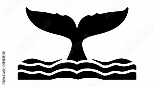 Whale tail silhouette emerging from wavy water graphic in black and white simple ocean illustration design