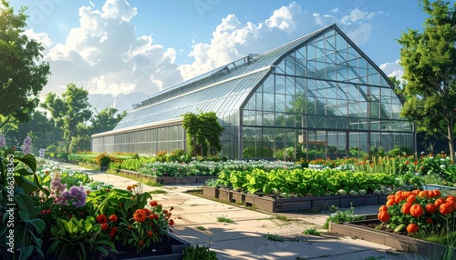 A serene greenhouse stands amidst a vibrant garden, showcasing a colorful array of flowers and vegetables under a bright, sunny sky.