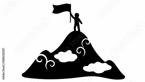Silhouette of a person standing on a mountain peak holding a flag against a white background with clouds