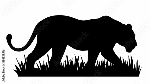 Silhouette of a panther walking through grass with its tail raised in a black and white illustration