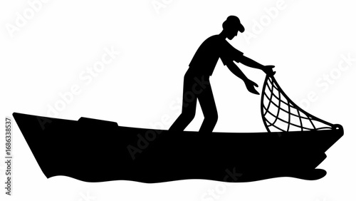 Silhouette of a fisherman in a boat holding a fishing net on the water surface casting the net out wide