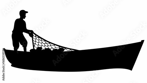 Silhouette of a fisherman in a boat casting a net with a cap on against a white background scene view