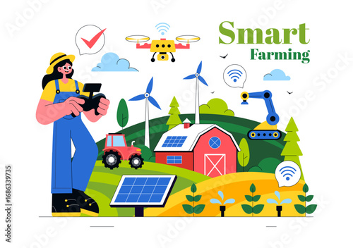 Smart Farming Technology Vector Illustration featuring a Farmer Managing His Industrial Farm Using a Tablet to Control Farming in a Flat Background