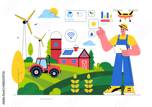 Smart Farming Technology Vector Illustration featuring a Farmer Managing His Industrial Farm Using a Tablet to Control Farming in a Flat Background