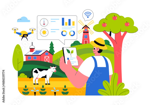 Smart Farming Technology Vector Illustration featuring a Farmer Managing His Industrial Farm Using a Tablet to Control Farming in a Flat Background
