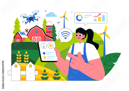 Smart Farming Technology Vector Illustration featuring a Farmer Managing His Industrial Farm Using a Tablet to Control Farming in a Flat Background