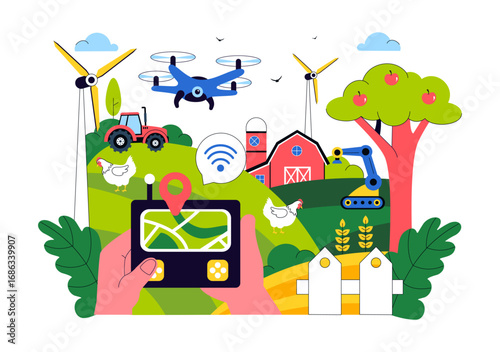 Smart Farming Technology Vector Illustration featuring a Farmer Managing His Industrial Farm Using a Tablet to Control Farming in a Flat Background
