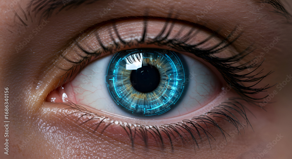 Obraz premium Woman's eye with augmented reality interface, close-up view. Focus on detailed blue graphic patterns overlayed on the natural eye structure.