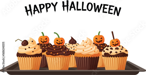 Delicious halloween cupcakes decorated with pumpkin candy on a tray, festive treats for a spooky celebration