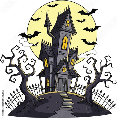 Spooky haunted house with bats and moon halloween haunted house for halloween celebration