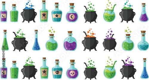 Set of witch potion and cauldron for halloween celebration and decoration, vector illustration
