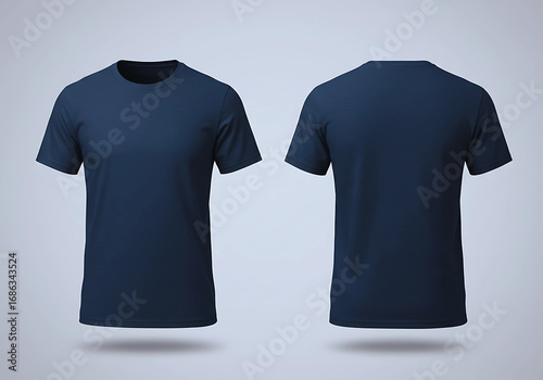 A navy blue tshirt is presented from the front and back apparel mockup, garment visualisation, t shirt template, clothing presentation, fashion mockup