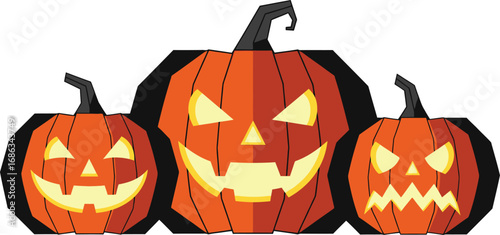 Three halloween pumpkins with scary faces are perfect for halloween decorations and designs for your celebration