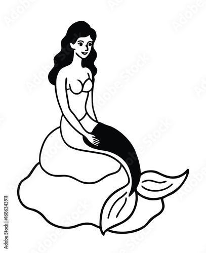Elegant mermaid illustration with a flowing tail sitting on a rock