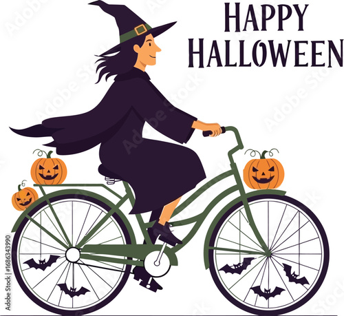 A witch riding a bicycle with pumpkins, celebrating halloween with bats and a spooky atmosphere