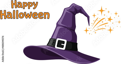 Happy halloween greeting card with witch hat and magic vector illustration of holiday celebration in cartoon style