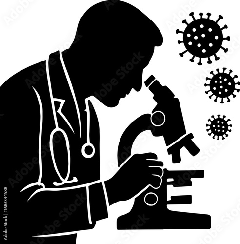 Doctor Holding Microscope with Virus Cells - Research Silhouette Vector With White Background 