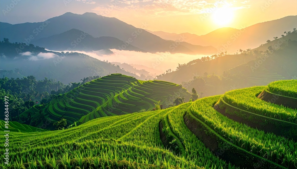 Fototapeta premium Morning sunrise over green terraced rice fields with mountain mist view