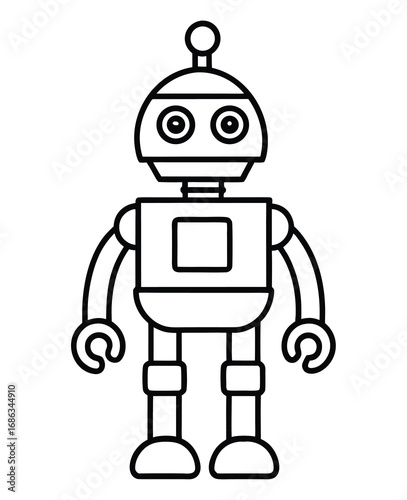 Cute cartoon robot character vector illustration in black and white line art