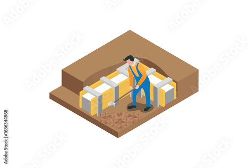 Vector isometric house construction site. House builder working on new cement or concrete foundation of the buildings with wooden form work. Suitable for Diagrams, Infographics And Graphic Asset